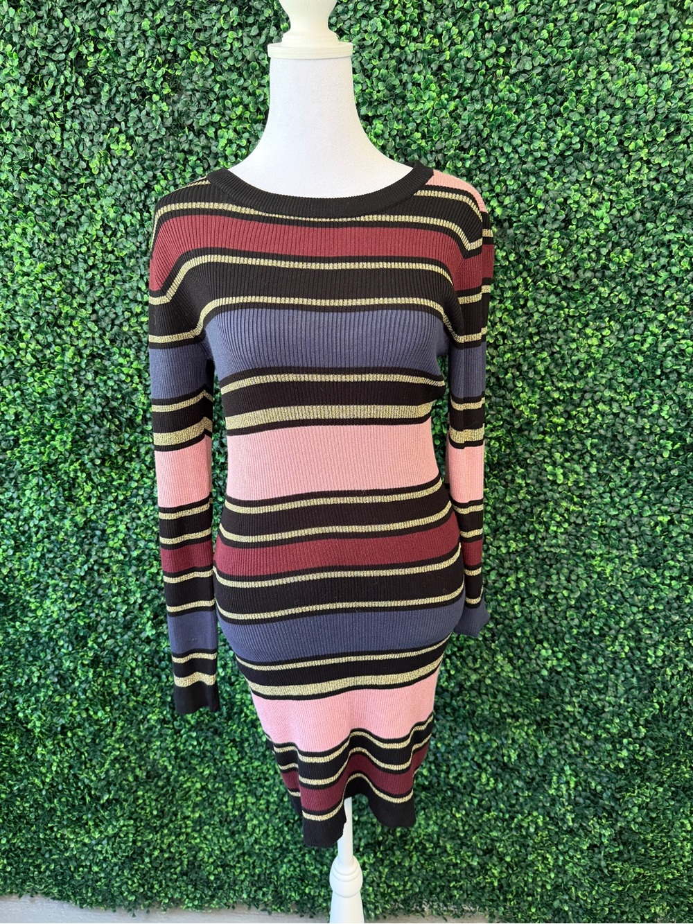 Planet Gold Striped Long-Sleeve Ribbed Knit Dress in Pink, Blue, Black & Gold